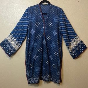 J. Pret Kaftan Tunic Top Dress | Cotton | Blue w/ Red & White Detail | Size XL